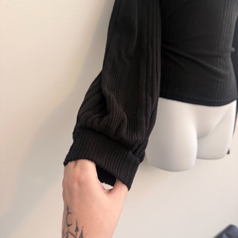 Black Ribbed Deep V Bell Sleeve Blouse | Size L - Picture 7 of 8